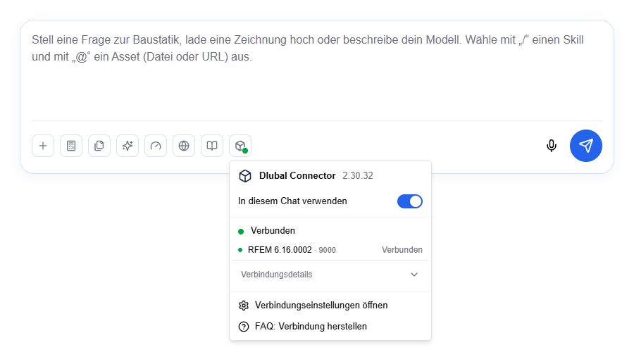 Beispiel des aktuellen deutschen Menüs Dlubal Connector unter der CALC-Chat-Eingabe mit verbundenem RFEM