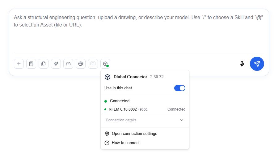 Example of the current English Dlubal Connector menu below the CALC chat input, with RFEM connected