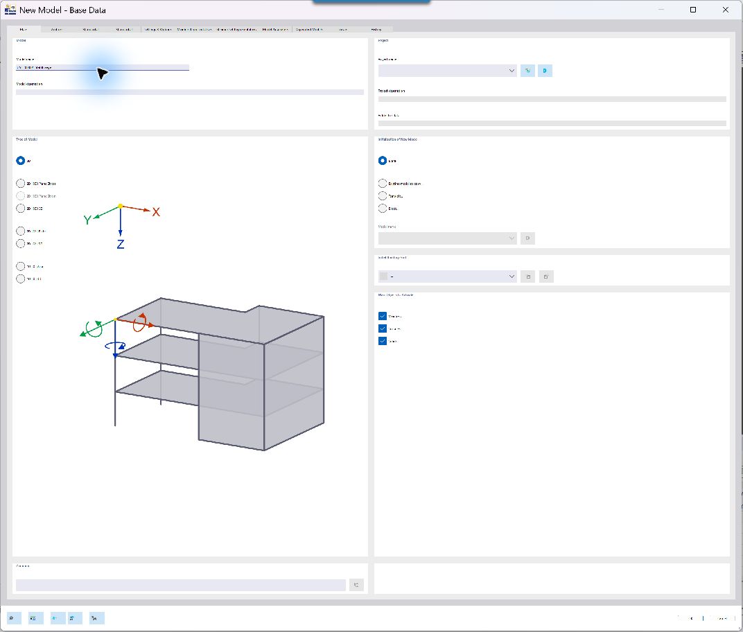 RFEM 6 opened live: New Model dialog with the name USC-000001-Stahltraeger
