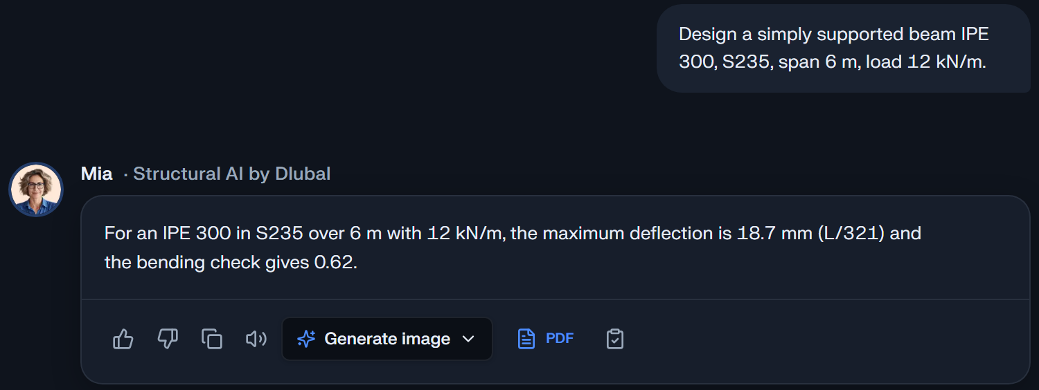 A finished answer in the chat: the beam prompt above, and below it the deflection and the bending check with their values