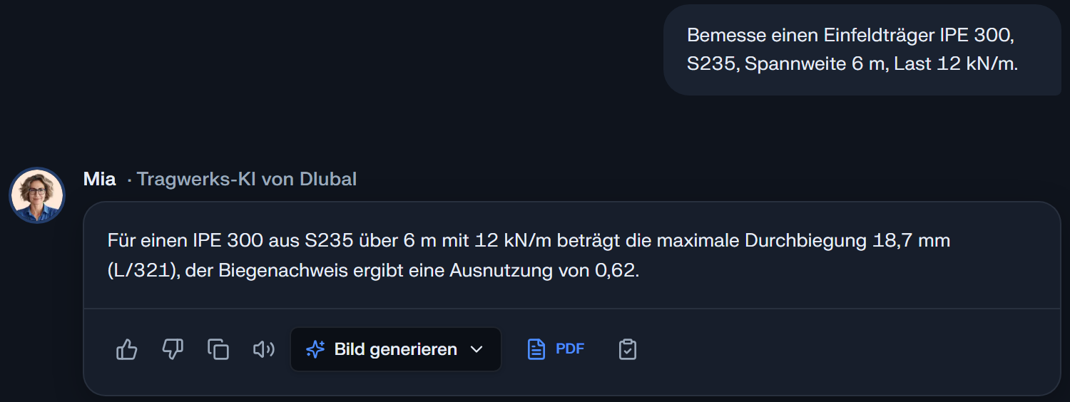Eine fertige Antwort im Chat: oben der Trägerprompt, darunter Durchbiegung und Biegenachweis mit ihren Werten