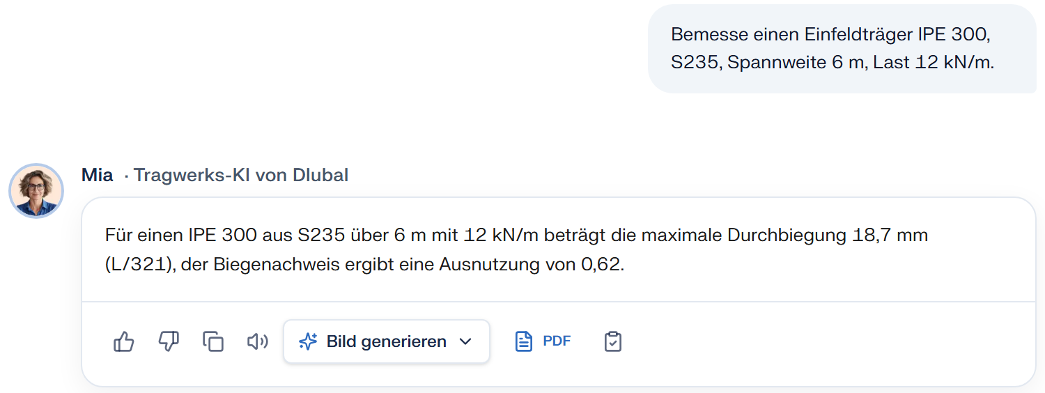 Eine fertige Antwort im Chat: oben der Trägerprompt, darunter Durchbiegung und Biegenachweis mit ihren Werten