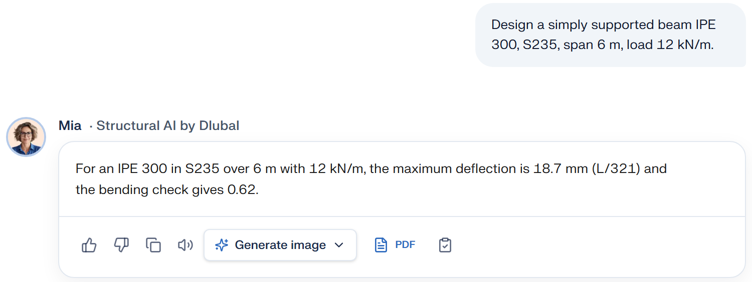 A finished answer in the chat: the beam prompt above, and below it the deflection and the bending check with their values