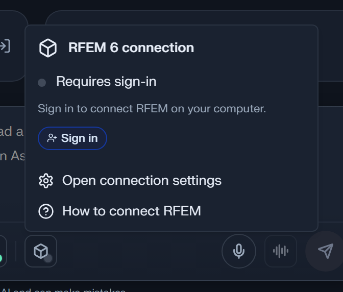 The RFEM 6 connection menu opened from the icon in the message bar: the current status, here Requires sign-in, its action, and links to the connection settings and the setup guide