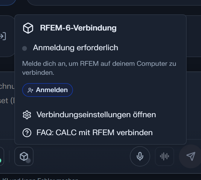 Das Menü RFEM-6-Verbindung, geöffnet über das Symbol in der Nachrichtenleiste: der aktuelle Status, hier Anmeldung erforderlich, die passende Aktion und Links zu den Verbindungseinstellungen und zur Anleitung