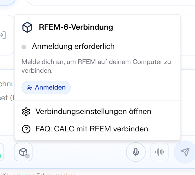 Das Menü RFEM-6-Verbindung, geöffnet über das Symbol in der Nachrichtenleiste: der aktuelle Status, hier Anmeldung erforderlich, die passende Aktion und Links zu den Verbindungseinstellungen und zur Anleitung