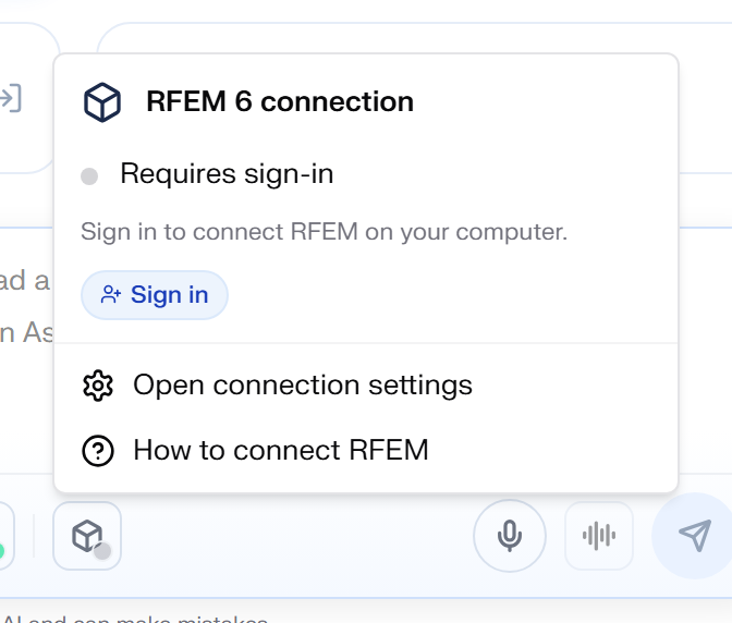 The RFEM 6 connection menu opened from the icon in the message bar: the current status, here Requires sign-in, its action, and links to the connection settings and the setup guide